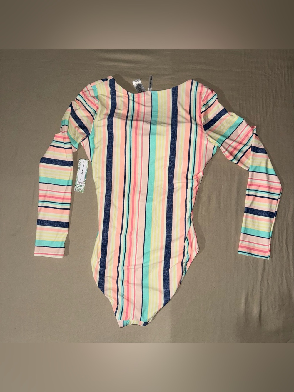 Celebrity Pink Pastel Multicolor Striped One-Piece with Front Tie - Size L - Picture 4 of 7